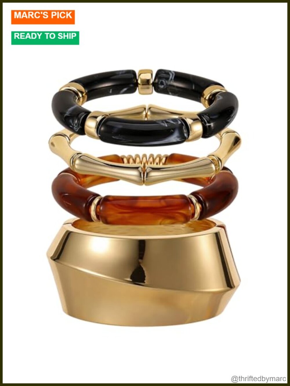 Chunky Acrylic Bangle Bracelet Set Gold Plated Bamboo Stretch Stackable